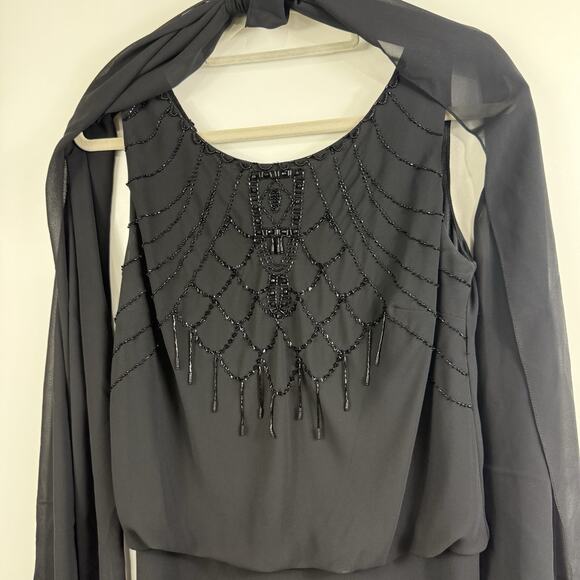 Whimsygoth Black KM Collection Maxi Dress & Scarf 10 Sequin Beaded Ruffle - Picture 3 of 16